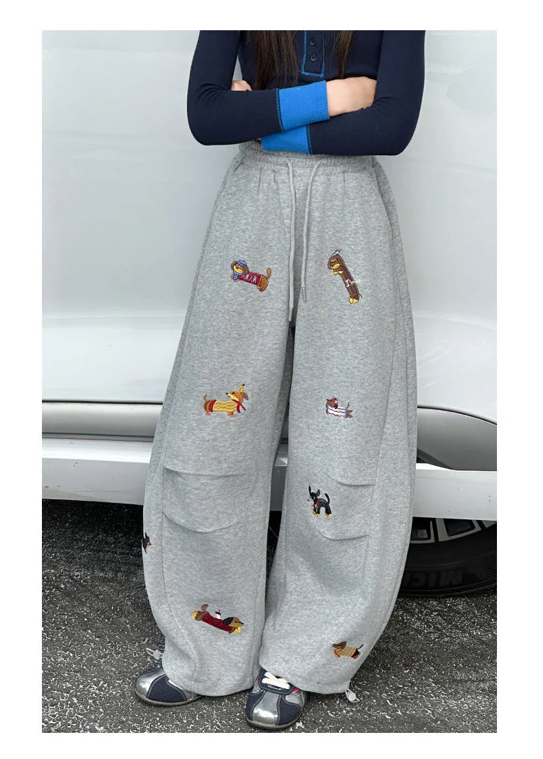 Girls' sweatpants Spring  Autumn 2026 New Children Dachshund embroidered curved knife pants Stylish girls casual sportspants