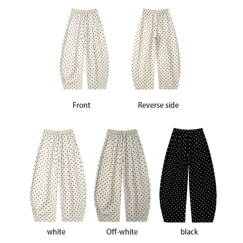 Women's Breathable Linen Polka Dot Banana Pants   Summer Casual Trousers   Elastic Waist Drawstring Wide-Leg Pants
