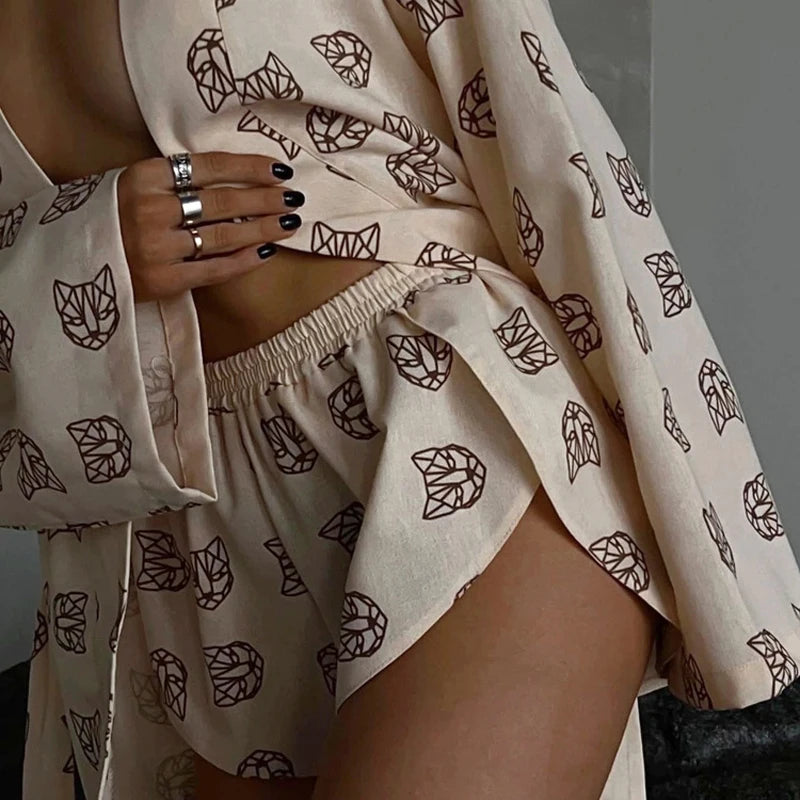 Shorts Set Homewear Fashion Loose Print 2 Piece Sets Womens Outfits Casual Lace Up Long Sleeve Robes With High Waist Pajama 2023
