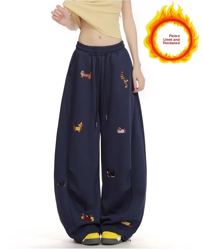 American Trendy Hip Hop Sausage Dog Embroidery Casual Pants Women Loose Slimming Versatile Street Drape Wide Leg Pants Sweatp...