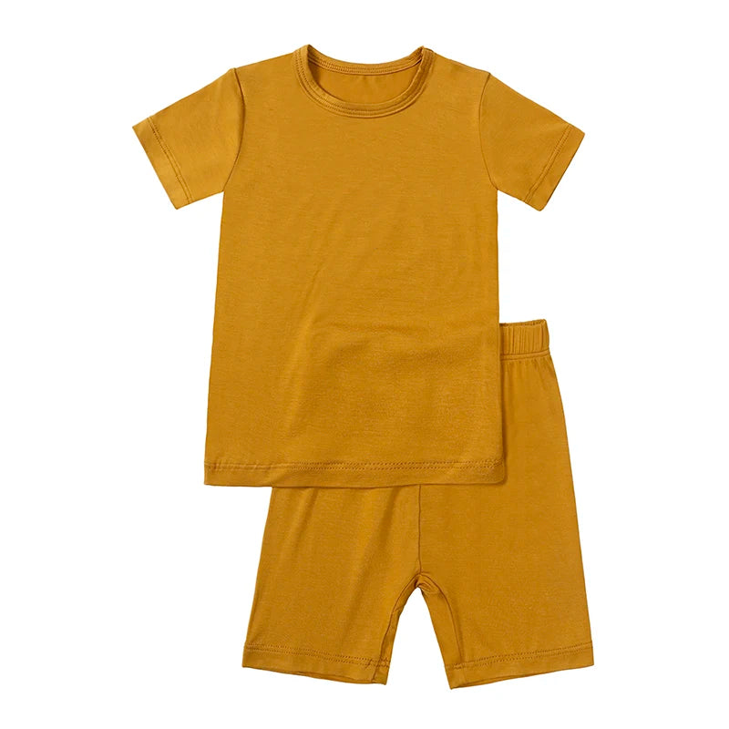 2026 Bamboo Fiber Toddler Kids Pajamas Clothes Solid Hight Elasticity Breathable Sleepwear Set For 9M-7T Boy Girl Loungewear