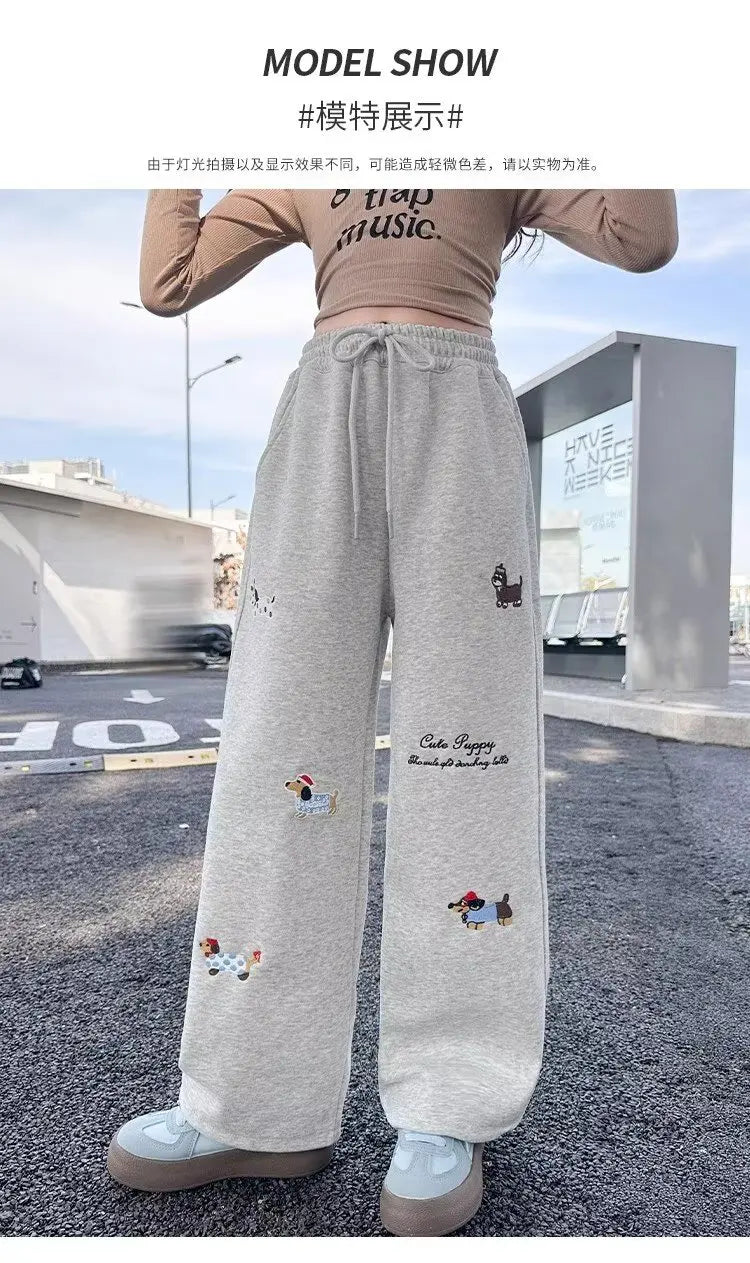 Girl Cotton Warm Trousers American High Street Casual Pants Child Loose Pants Autumn Kids Pink Sweatpants 120-170 New 2025