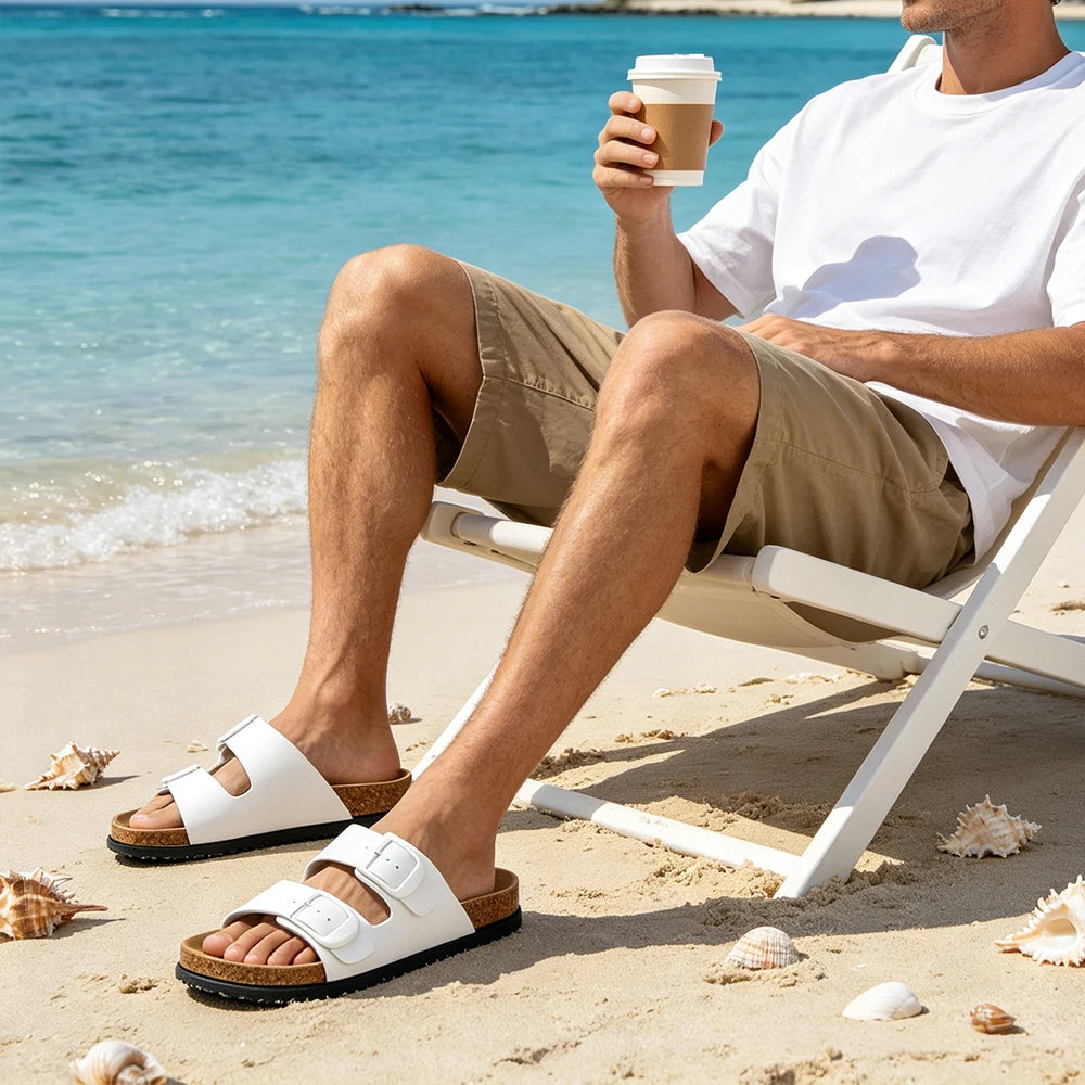Black and White Double Buckle Sandals, Unisex Adjustable Flat Slippers, Non-Slip Sandals for Both Men and Women